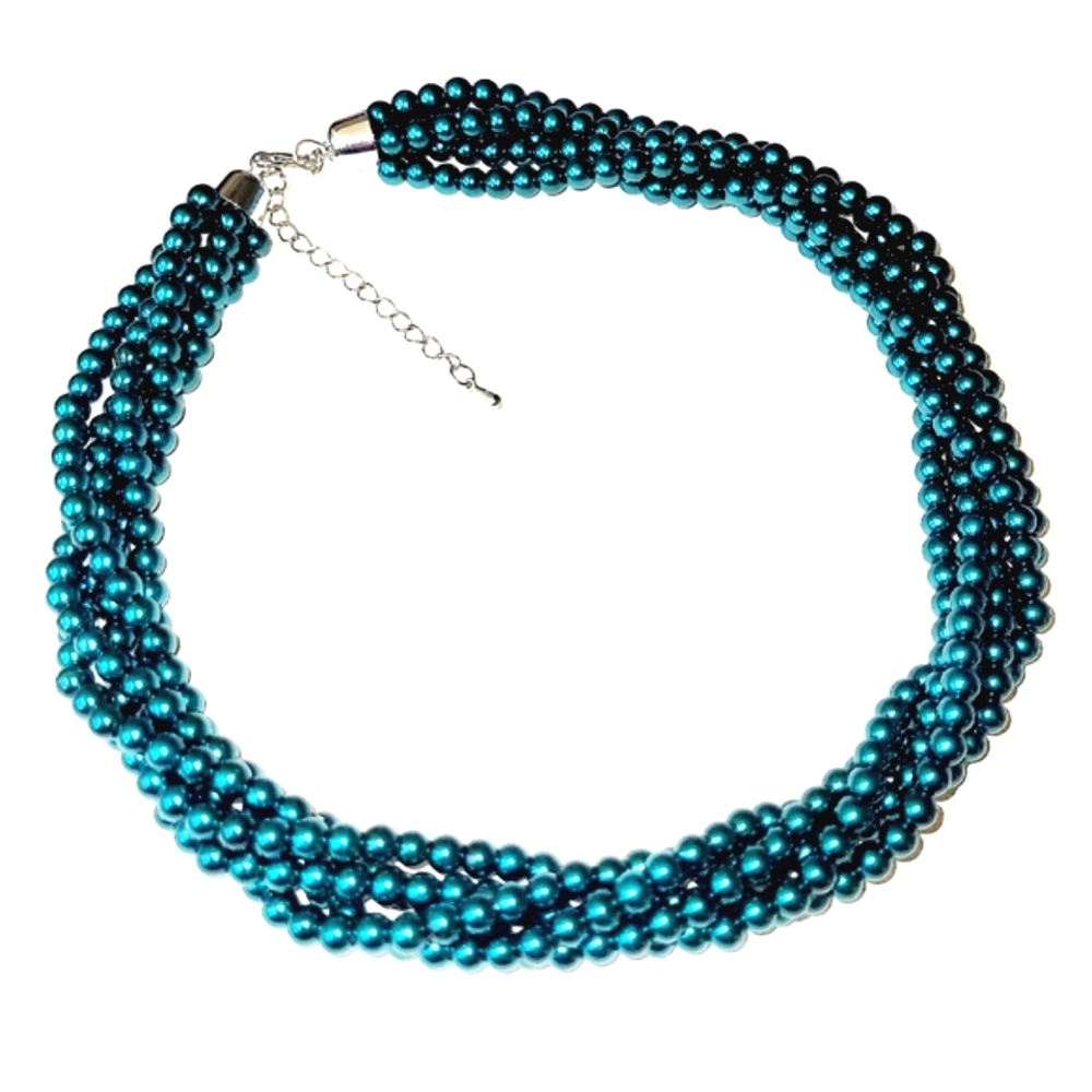 Peacock Teal Faux Pearl, MultiStrand(Torsade)Twisted Necklace Silvertone